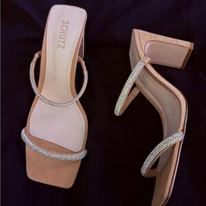 SCHUTZ  Tan Suede and Silver Embellished Straps Heels